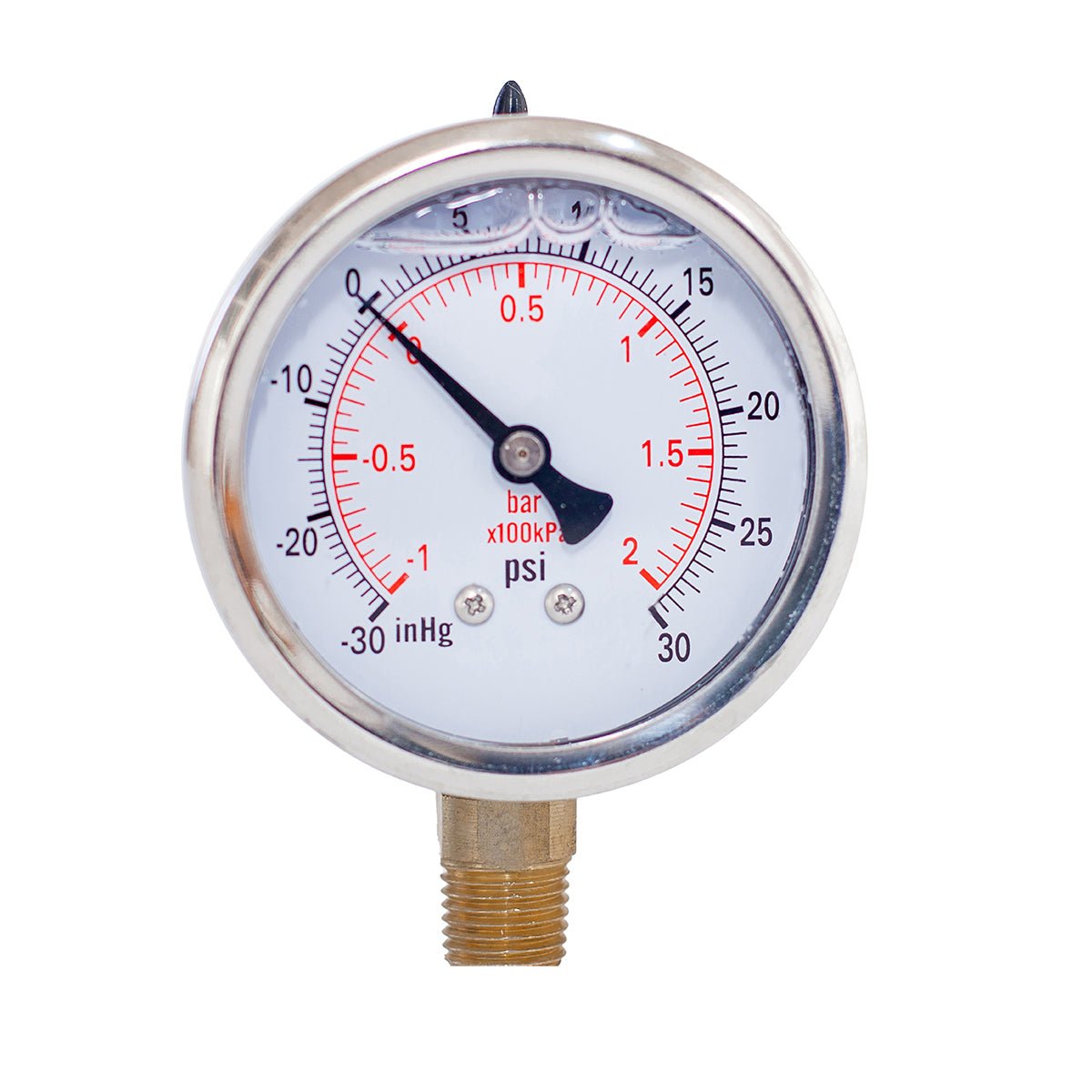 JIVTO liquid-filled pressure gauge, 1/4" NPT lower mount, -30 to 30 psi, with bar and kPa dual scale.