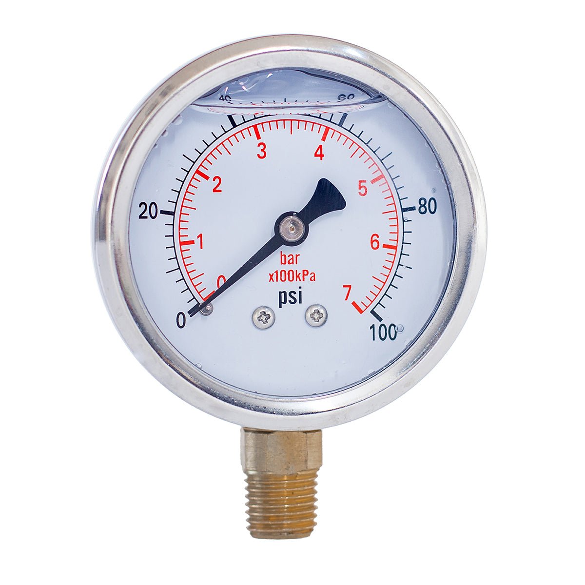 JIVTO liquid-filled pressure gauge, 1/4" NPT lower mount, 0 to 100 psi, with bar and kPa dual scale.