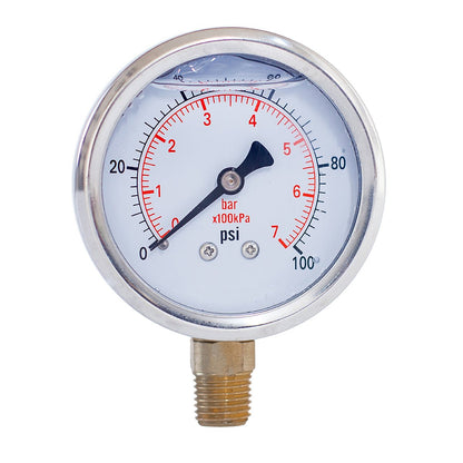 JIVTO liquid-filled pressure gauge, 1/4" NPT lower mount, 0 to 100 psi, with bar and kPa dual scale.