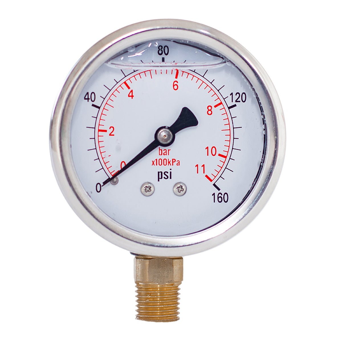 JIVTO liquid-filled pressure gauge, 1/4" NPT lower mount, 0 to 160 psi, with bar and kPa dual scale.