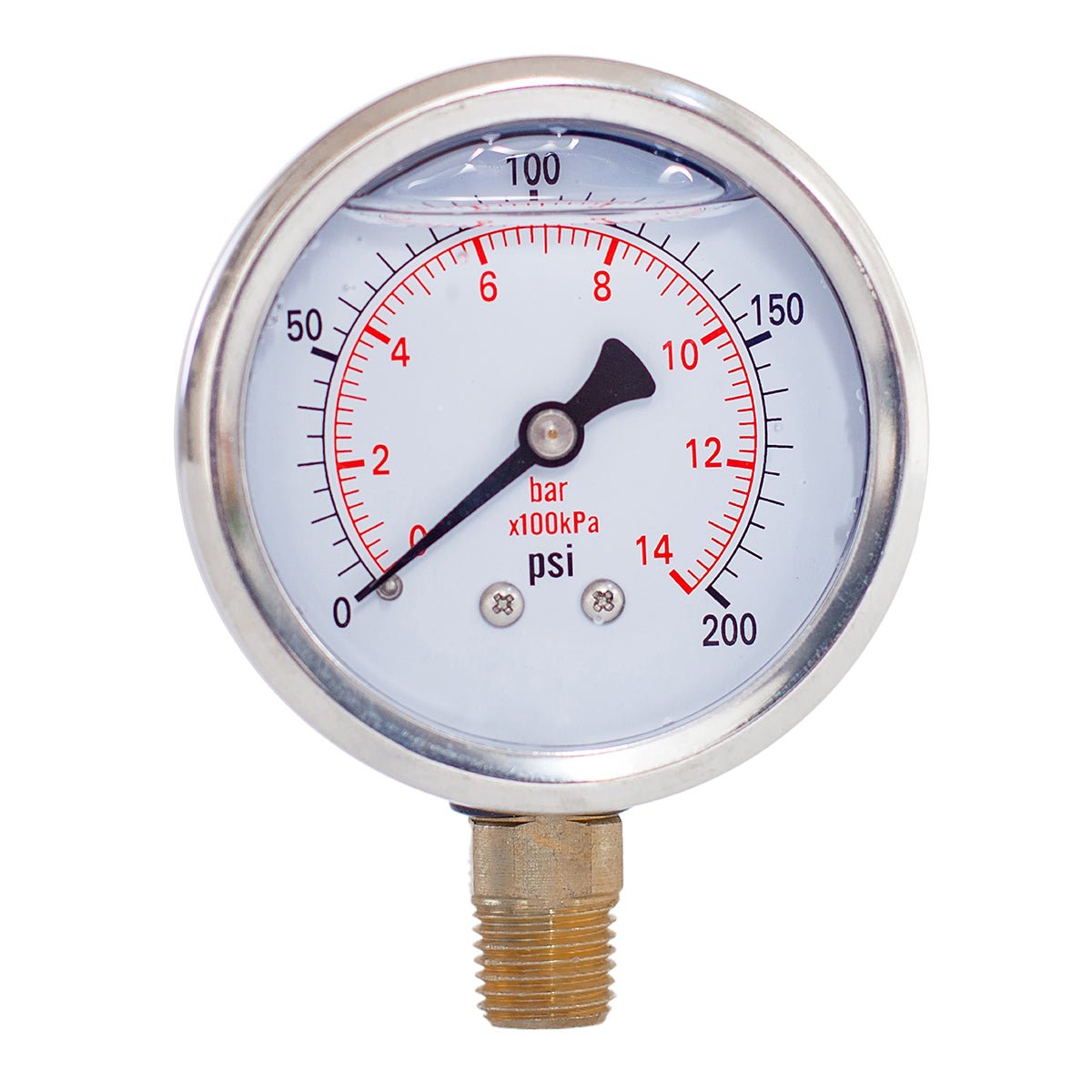 JIVTO liquid-filled pressure gauge, 1/4" NPT lower mount, 0 to 200 psi, with bar and kPa dual scale.