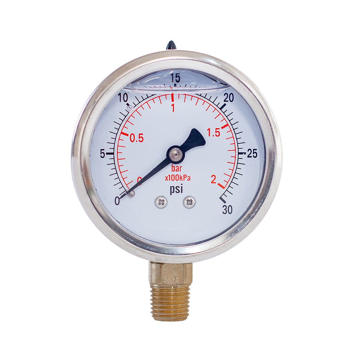 JIVTO liquid-filled pressure gauge, 1/4" NPT lower mount, 0 to 30 psi, with bar and kPa dual scale.