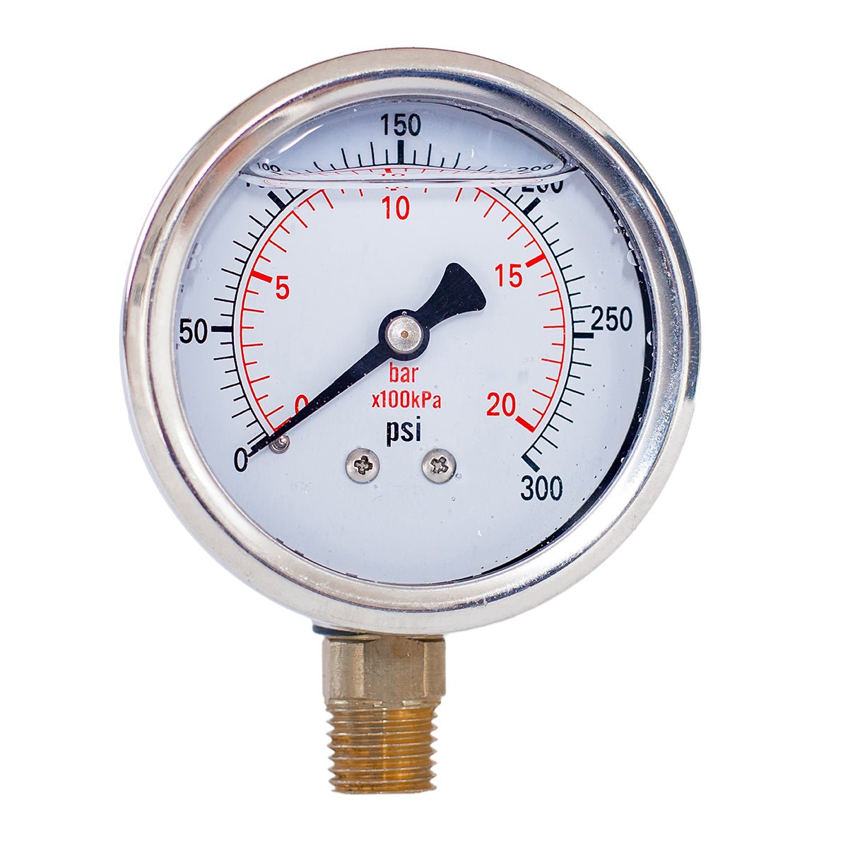 JIVTO liquid-filled pressure gauge, 1/4" NPT lower mount, 0 to 300 psi, with bar and kPa dual scale.