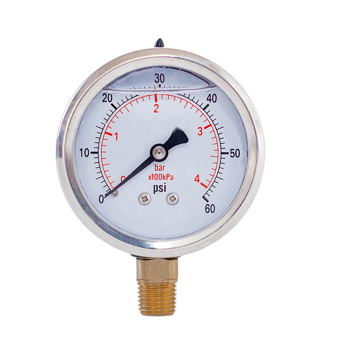 JIVTO liquid-filled pressure gauge, 1/4" NPT lower mount, 0 to 60 psi, with bar and kPa dual scale.