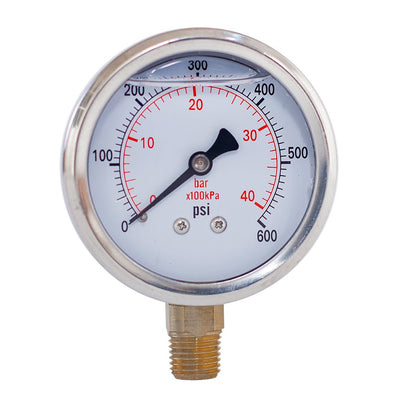 JIVTO liquid-filled pressure gauge, 1/4" NPT lower mount, 0 to 600 psi, with bar and kPa dual scale.