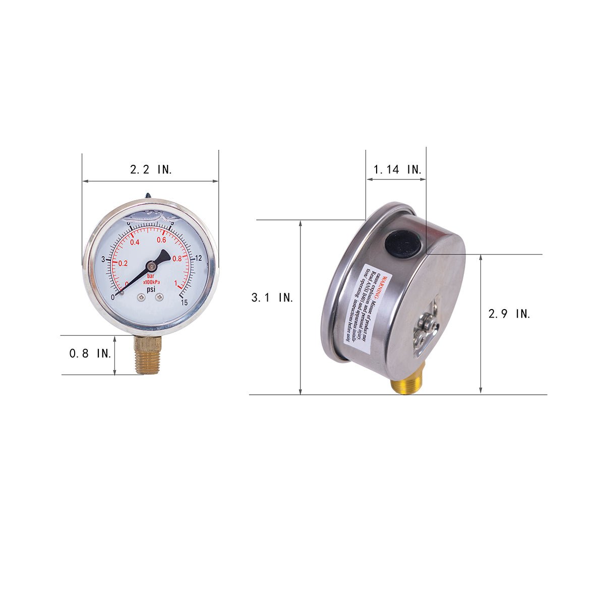 Dimensional drawing of JIVTO 2-inch pressure gauge with detailed measurements
