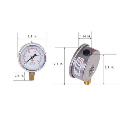 Dimensional drawing of JIVTO 2-inch pressure gauge with detailed measurements