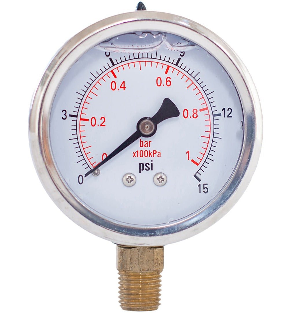 JIVTO liquid-filled pressure gauge, 1/4" NPT lower mount, 0 to 15 psi, with bar and kPa dual scale.
