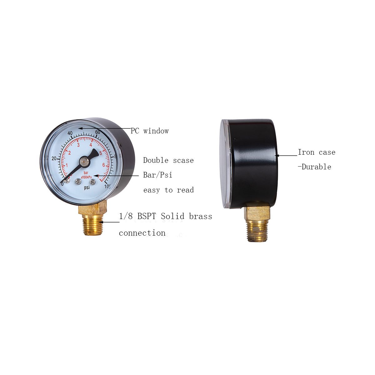 Dry Pressure Gauge, 1-1/2" Dia,100, 160 Psi & Bar, 1/8" BSPT Lower Mount, PC window - JIVTO