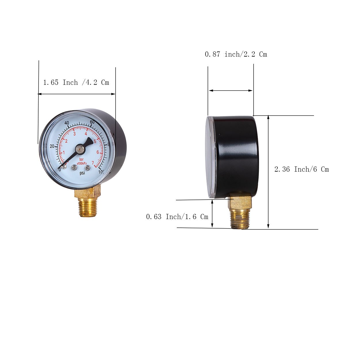 Dry Pressure Gauge, 1-1/2" Dia,100, 160 Psi & Bar, 1/8" BSPT Lower Mount, PC window - JIVTO