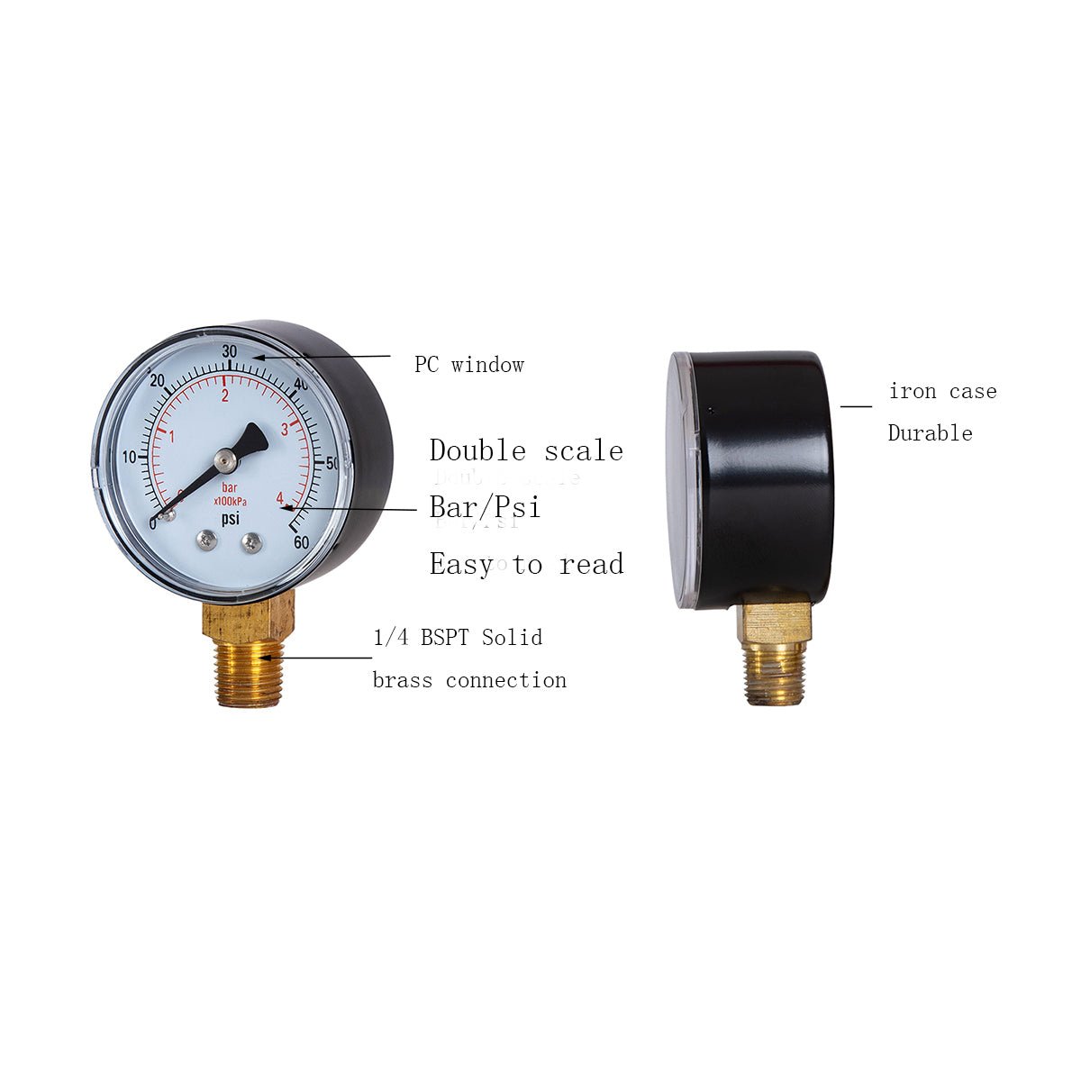 Dry Pressure Gauge, 2" Dia, 60, 100, 160 Psi & Bar, 1/4" BSPT Lower Mount, PC window - JIVTO
