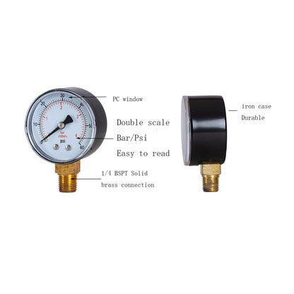 Dry Pressure Gauge, 2" Dia, 60, 100, 160 Psi & Bar, 1/4" BSPT Lower Mount, PC window - JIVTO