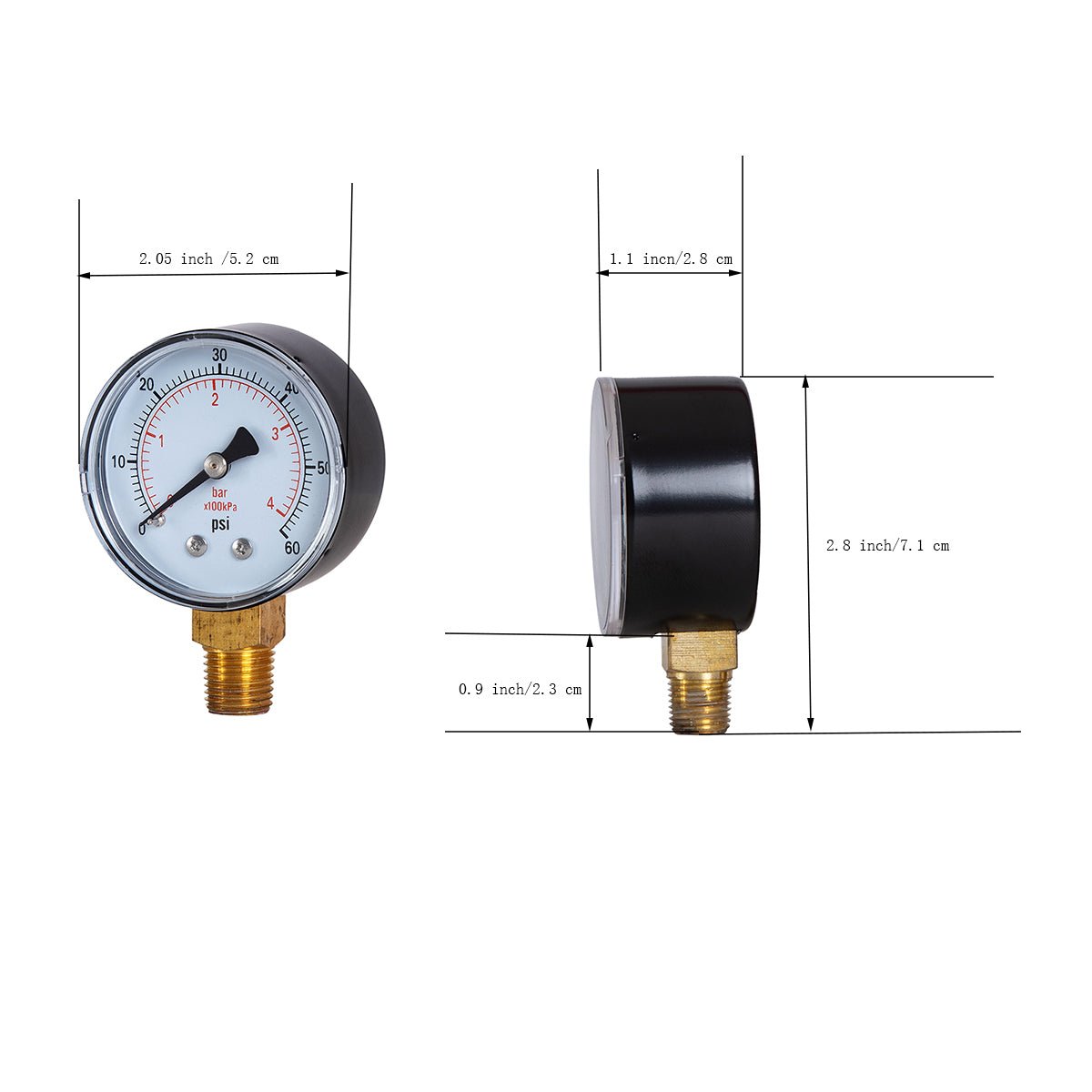 Dry Pressure Gauge, 2" Dia, 60, 100, 160 Psi & Bar, 1/4" BSPT Lower Mount, PC window - JIVTO