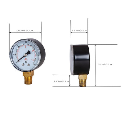 Dry Pressure Gauge, 2" Dia, 60, 100, 160 Psi & Bar, 1/4" BSPT Lower Mount, PC window - JIVTO