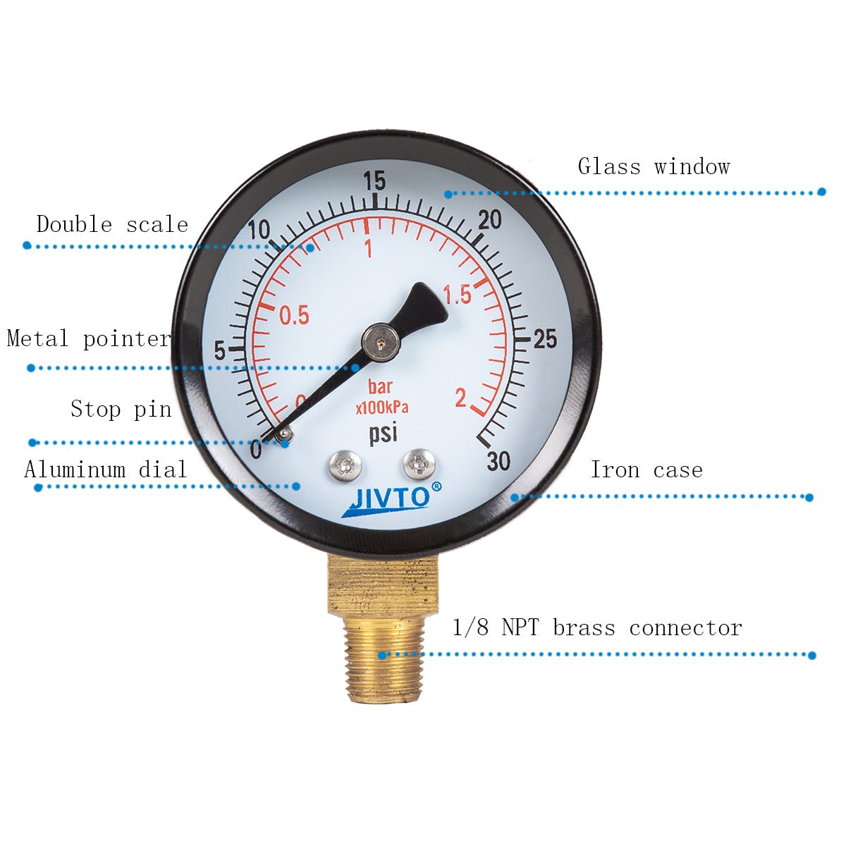 Dry Pressure Gauge, Steel Case, 2" Dia, 30 Psi & Bar, 1/8" NPT Lower Mount, Glass window - JIVTO