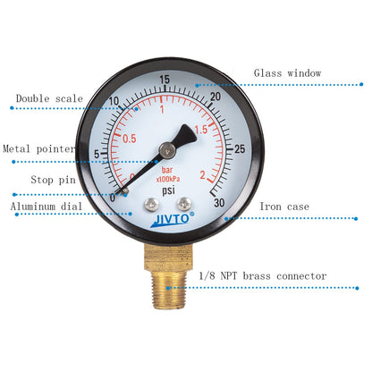 Dry Pressure Gauge, Steel Case, 2" Dia, 30 Psi & Bar, 1/8" NPT Lower Mount, Glass window - JIVTO