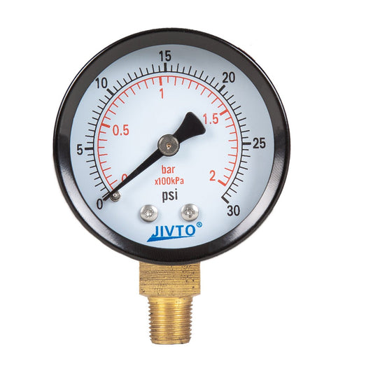 Dry Pressure Gauge, Steel Case, 2" Dia, 30 Psi & Bar, 1/8" NPT Lower Mount, Glass window - JIVTO