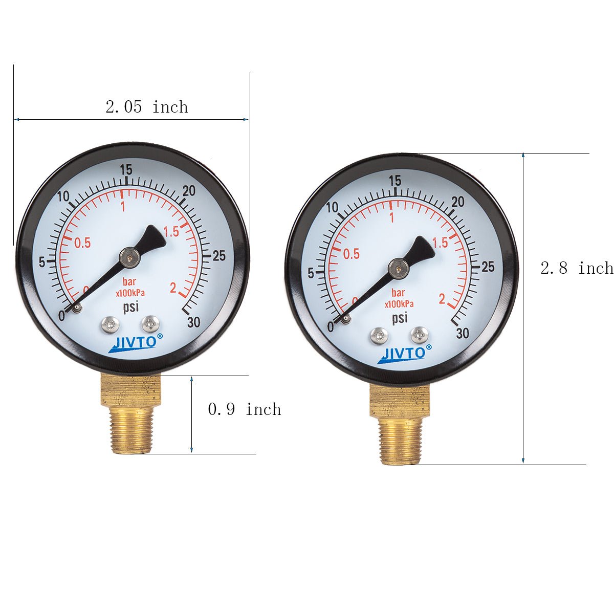 Dry Pressure Gauge, Steel Case, 2" Dia, 30 Psi & Bar, 1/8" NPT Lower Mount, Glass window - JIVTO
