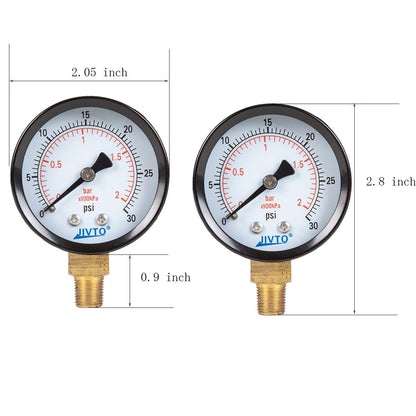 Dry Pressure Gauge, Steel Case, 2" Dia, 30 Psi & Bar, 1/8" NPT Lower Mount, Glass window - JIVTO