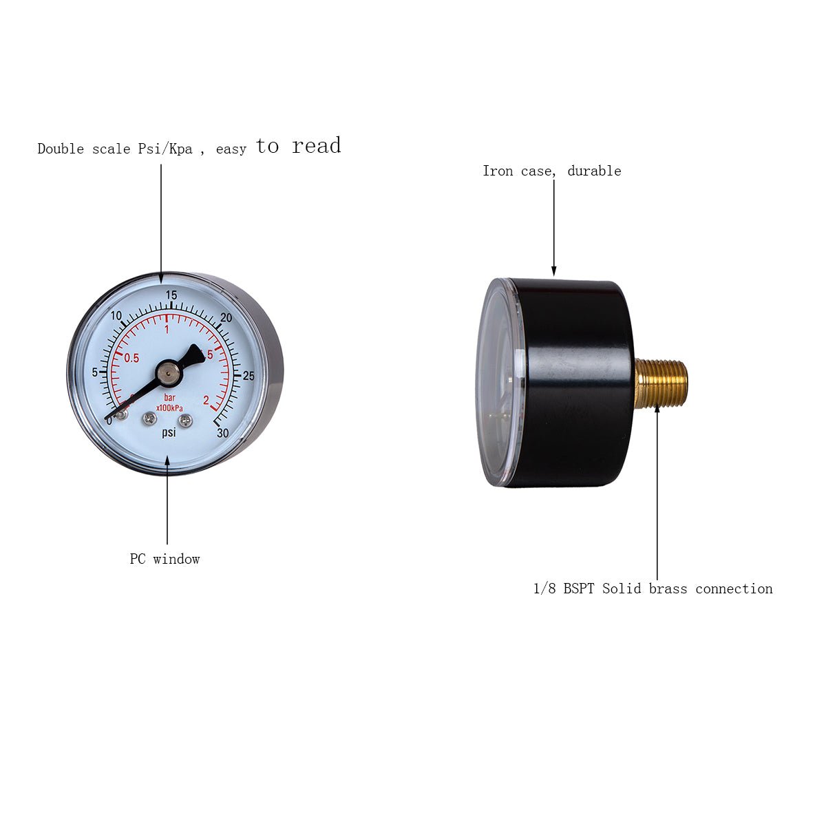 JIVTO Dry Pressure Gauge, 1-1/2" Dia,30, 60 Psi & Bar, 1/8" BSPT Back Mount, PC window - JIVTO