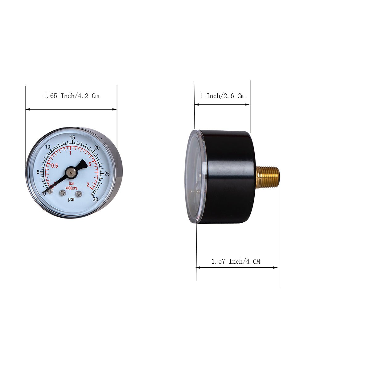 JIVTO Dry Pressure Gauge, 1-1/2" Dia,30, 60 Psi & Bar, 1/8" BSPT Back Mount, PC window - JIVTO