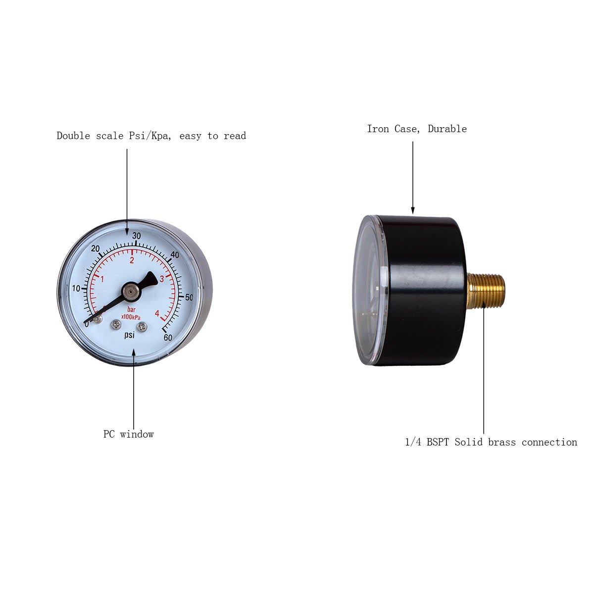 JIVTO Dry Pressure Gauge, 2" Dia, 60 Psi & Bar, 1/4" BSPT Back Mount, PC window - JIVTO