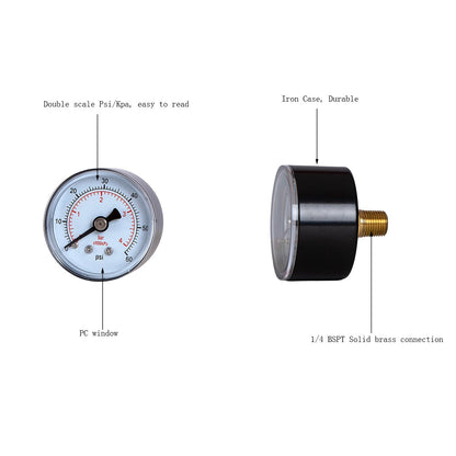 JIVTO Dry Pressure Gauge, 2" Dia, 60 Psi & Bar, 1/4" BSPT Back Mount, PC window - JIVTO