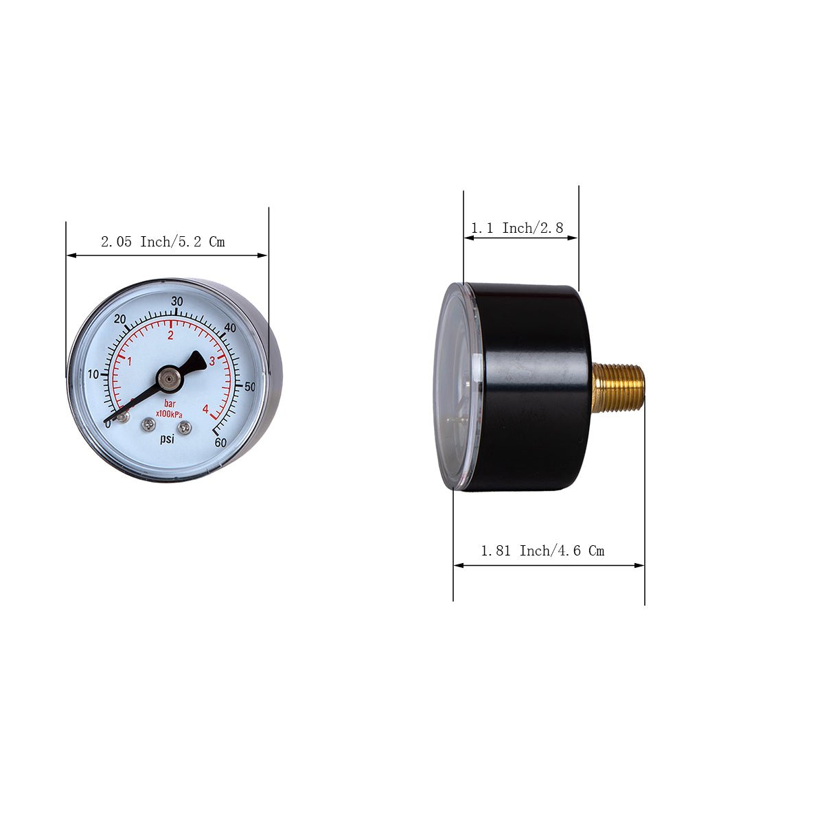 JIVTO Dry Pressure Gauge, 2" Dia, 60 Psi & Bar, 1/4" BSPT Back Mount, PC window - JIVTO