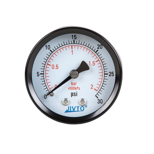 JIVTO Dry Pressure Gauge, Steel case and Ring, 1-1/2" Dia,30, 60, 100 Psi & Bar, 1/8" NPT Back Mount, Glass window - JIVTO