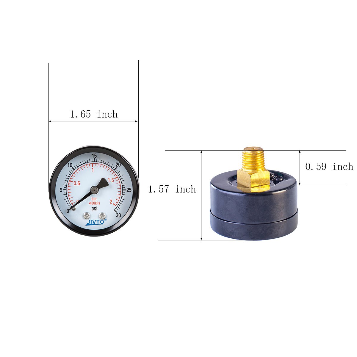 JIVTO Dry Pressure Gauge, Steel case and Ring, 1-1/2" Dia,30, 60, 100 Psi & Bar, 1/8" NPT Back Mount, Glass window - JIVTO