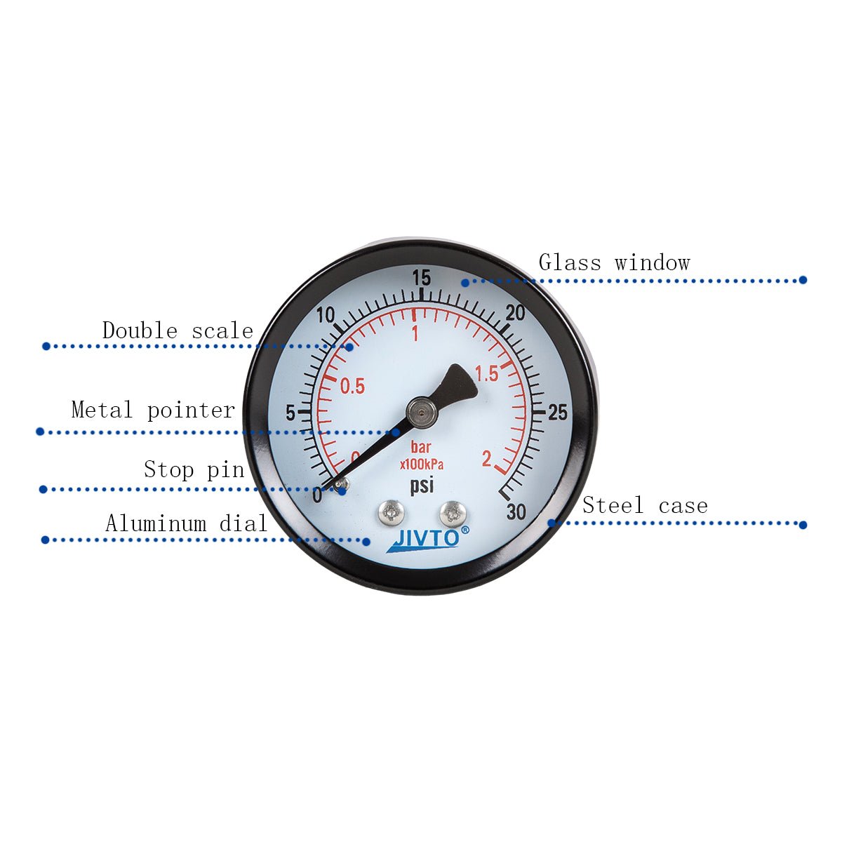 JIVTO Dry Pressure Gauge, Steel case and Ring, 1-1/2" Dia,30, 60, 100 Psi & Bar, 1/8" NPT Back Mount, Glass window - JIVTO