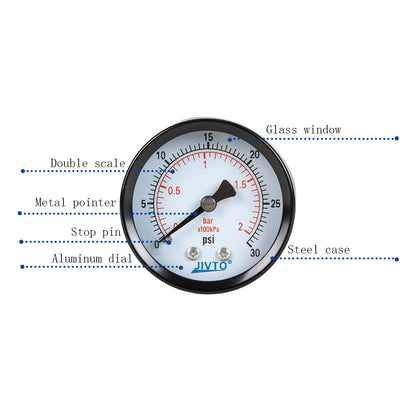 JIVTO Dry Pressure Gauge, Steel case and Ring, 1-1/2" Dia,30, 60, 100 Psi & Bar, 1/8" NPT Back Mount, Glass window - JIVTO