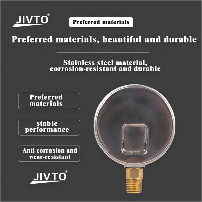 Back view of various JIVTO liquid-filled stainless steel pressure gauges, showing durable corrosion-resistant casings
