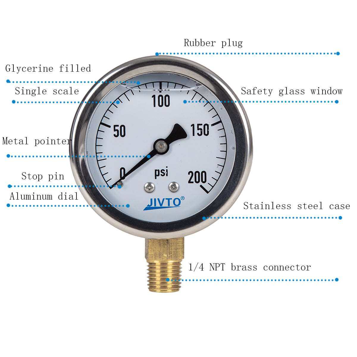 JIVTO Pressure Gauge, Liquid Filled, 2-1/2" Dia, PSI , 1/4" NPT Lower Mount - JIVTO