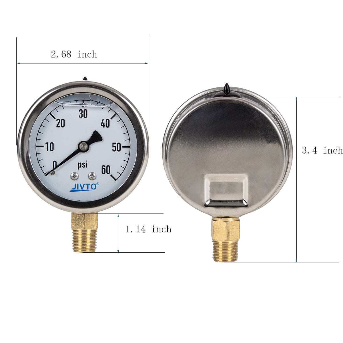 JIVTO Pressure Gauge, Liquid Filled, 2-1/2" Dia, PSI , 1/4" NPT Lower Mount - JIVTO