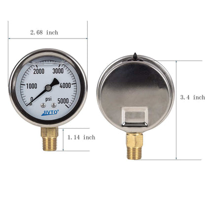 JIVTO Pressure Gauge, Liquid Filled, 2-1/2" Dia, PSI , 1/4" NPT Lower Mount - JIVTO
