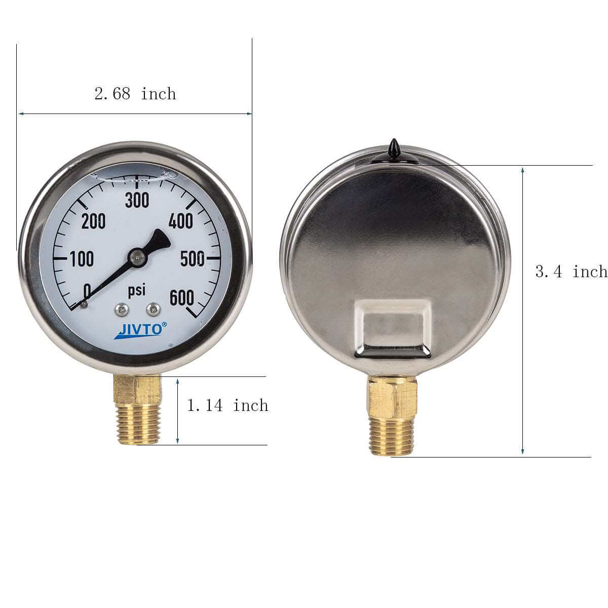 JIVTO Pressure Gauge, Liquid Filled, 2-1/2" Dia, PSI , 1/4" NPT Lower Mount - JIVTO