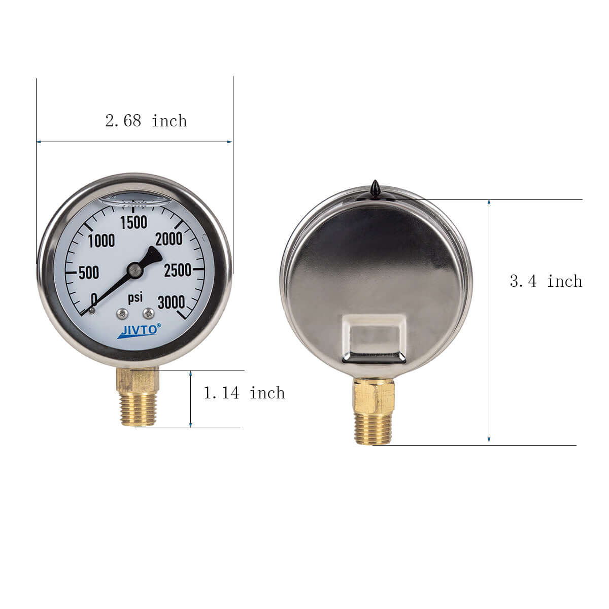 JIVTO Pressure Gauge, Liquid Filled, 2-1/2" Dia, PSI , 1/4" NPT Lower Mount - JIVTO