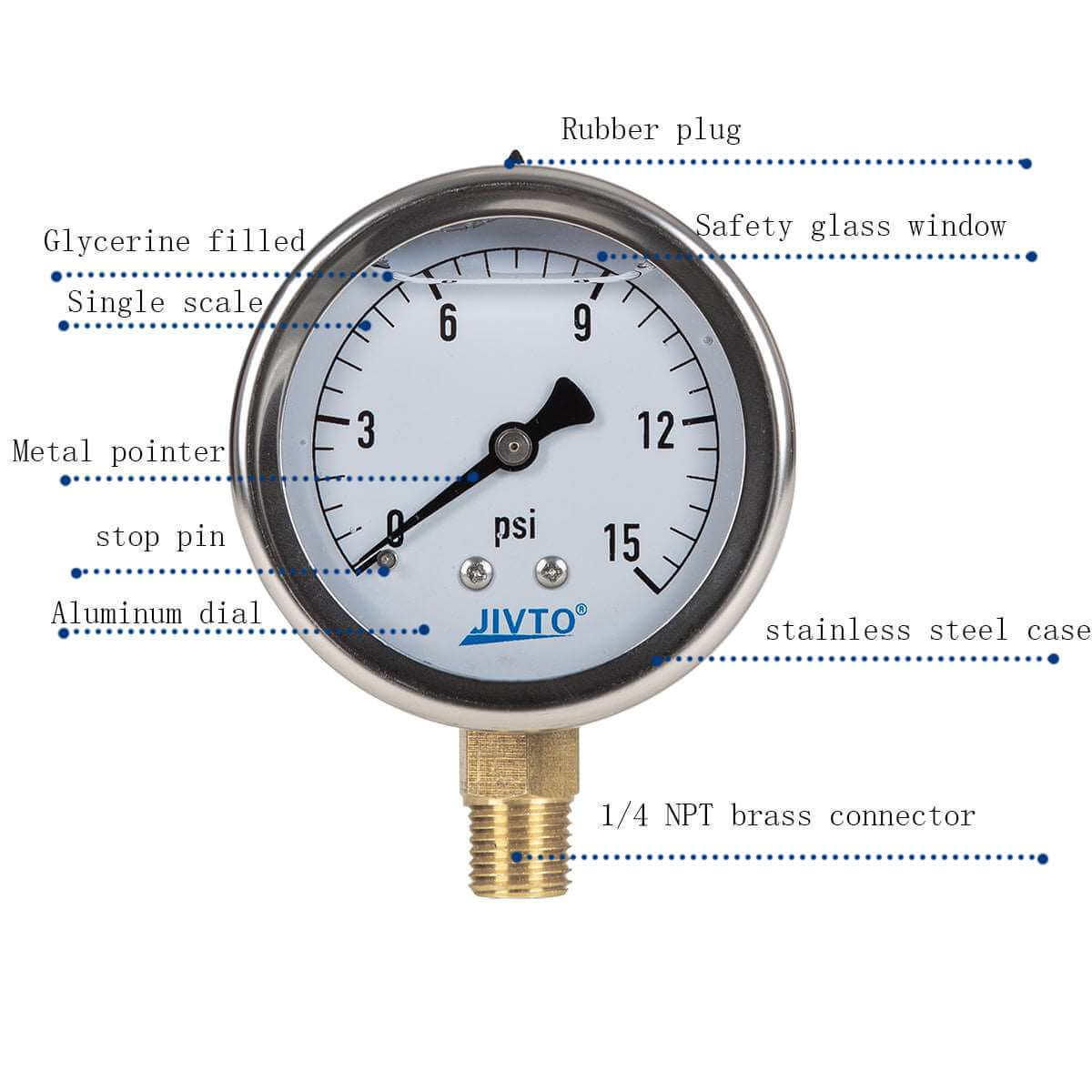 JIVTO Pressure Gauge, Liquid Filled, 2-1/2" Dia, PSI , 1/4" NPT Lower Mount - JIVTO