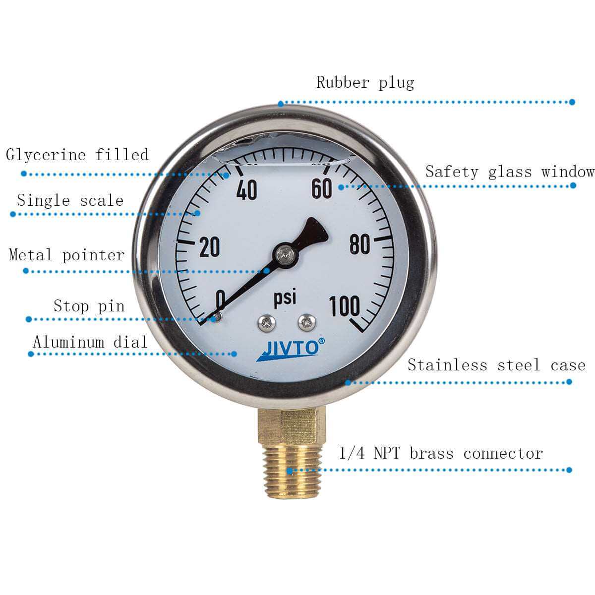 JIVTO Pressure Gauge, Liquid Filled, 2-1/2" Dia, PSI , 1/4" NPT Lower Mount - JIVTO