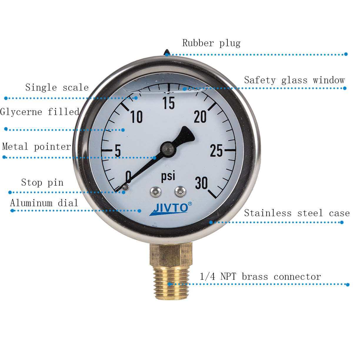 JIVTO Pressure Gauge, Liquid Filled, 2-1/2" Dia, PSI , 1/4" NPT Lower Mount - JIVTO