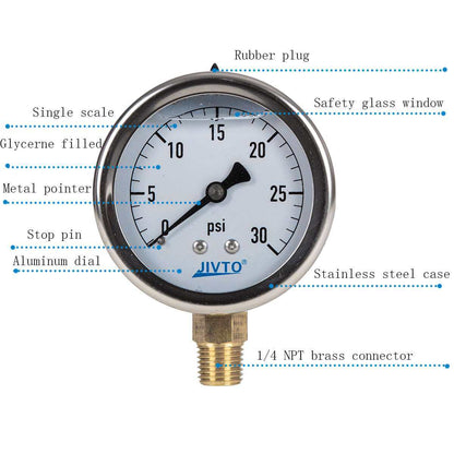JIVTO Pressure Gauge, Liquid Filled, 2-1/2" Dia, PSI , 1/4" NPT Lower Mount - JIVTO