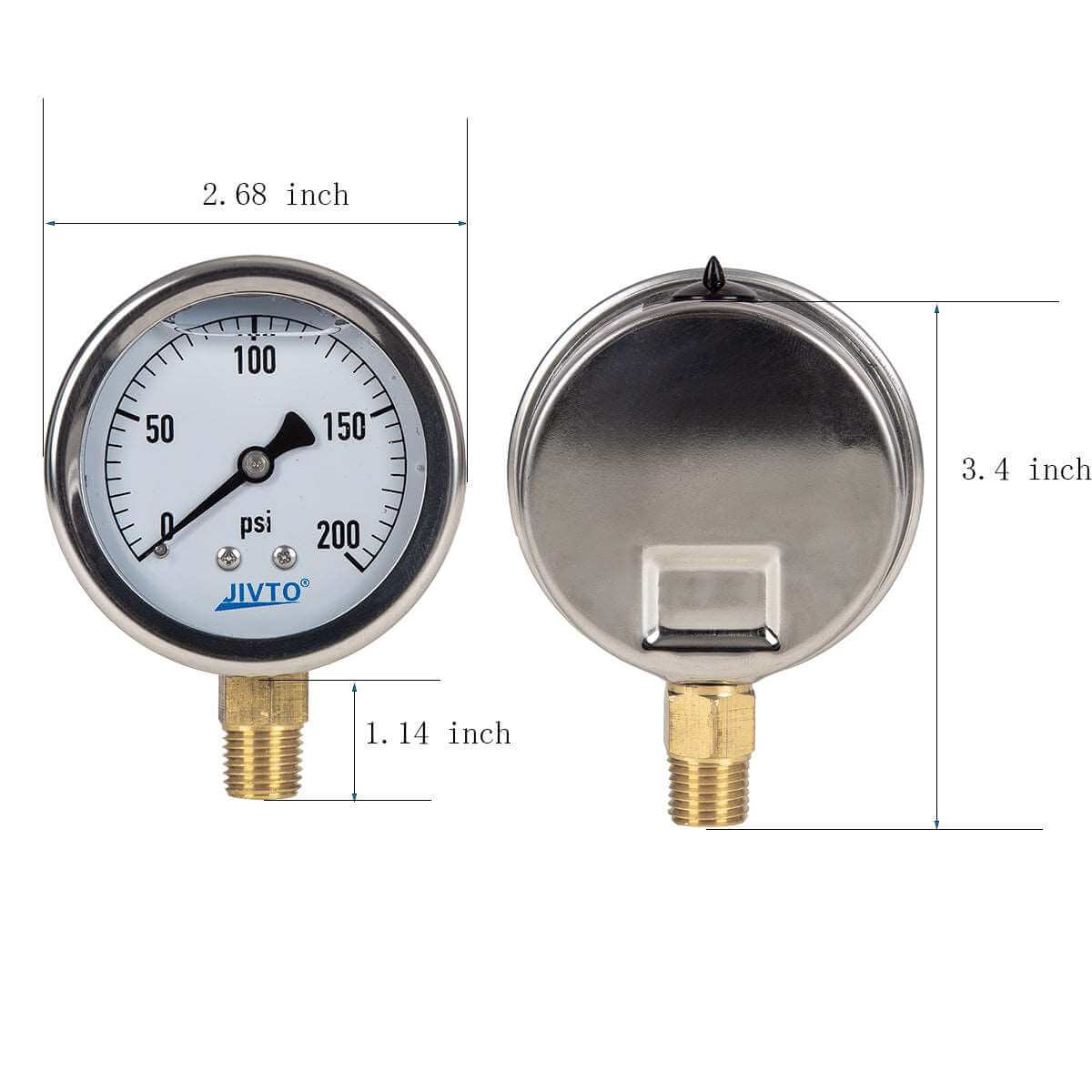 JIVTO Pressure Gauge, Liquid Filled, 2-1/2" Dia, PSI , 1/4" NPT Lower Mount - JIVTO
