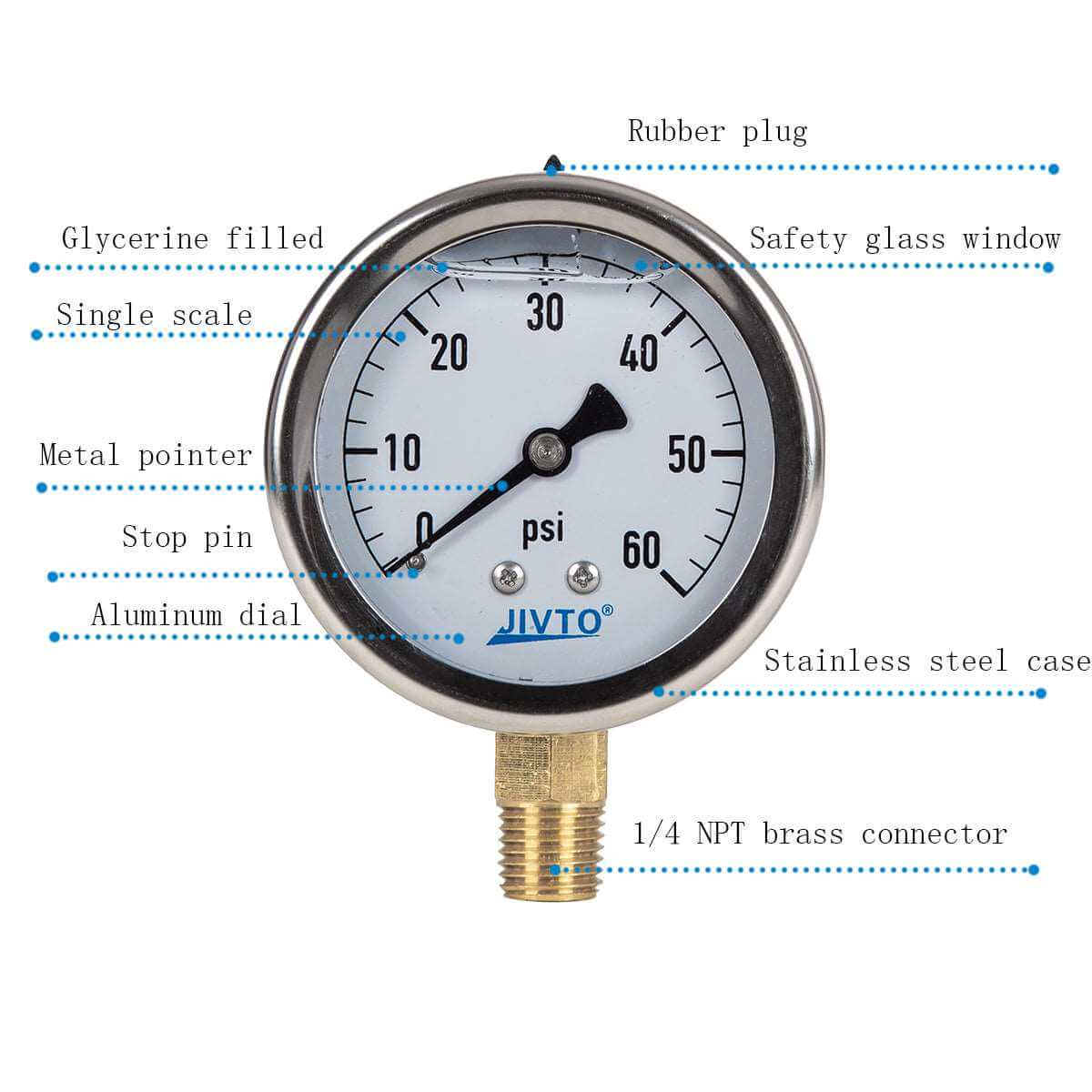 JIVTO Pressure Gauge, Liquid Filled, 2-1/2" Dia, PSI , 1/4" NPT Lower Mount - JIVTO