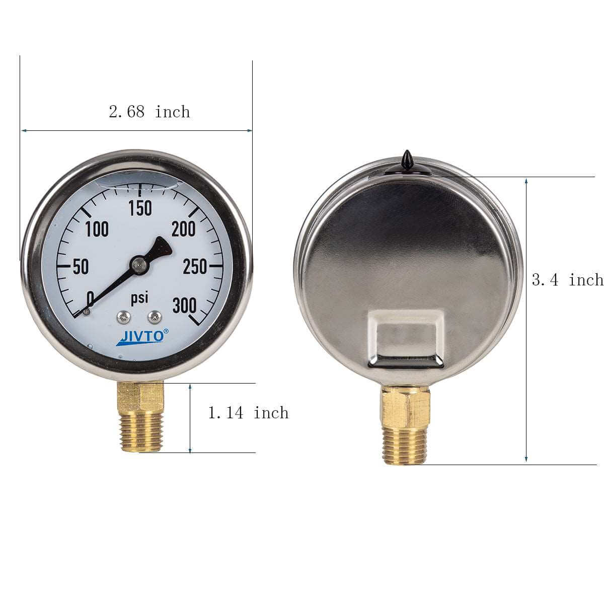 JIVTO Pressure Gauge, Liquid Filled, 2-1/2" Dia, PSI , 1/4" NPT Lower Mount - JIVTO