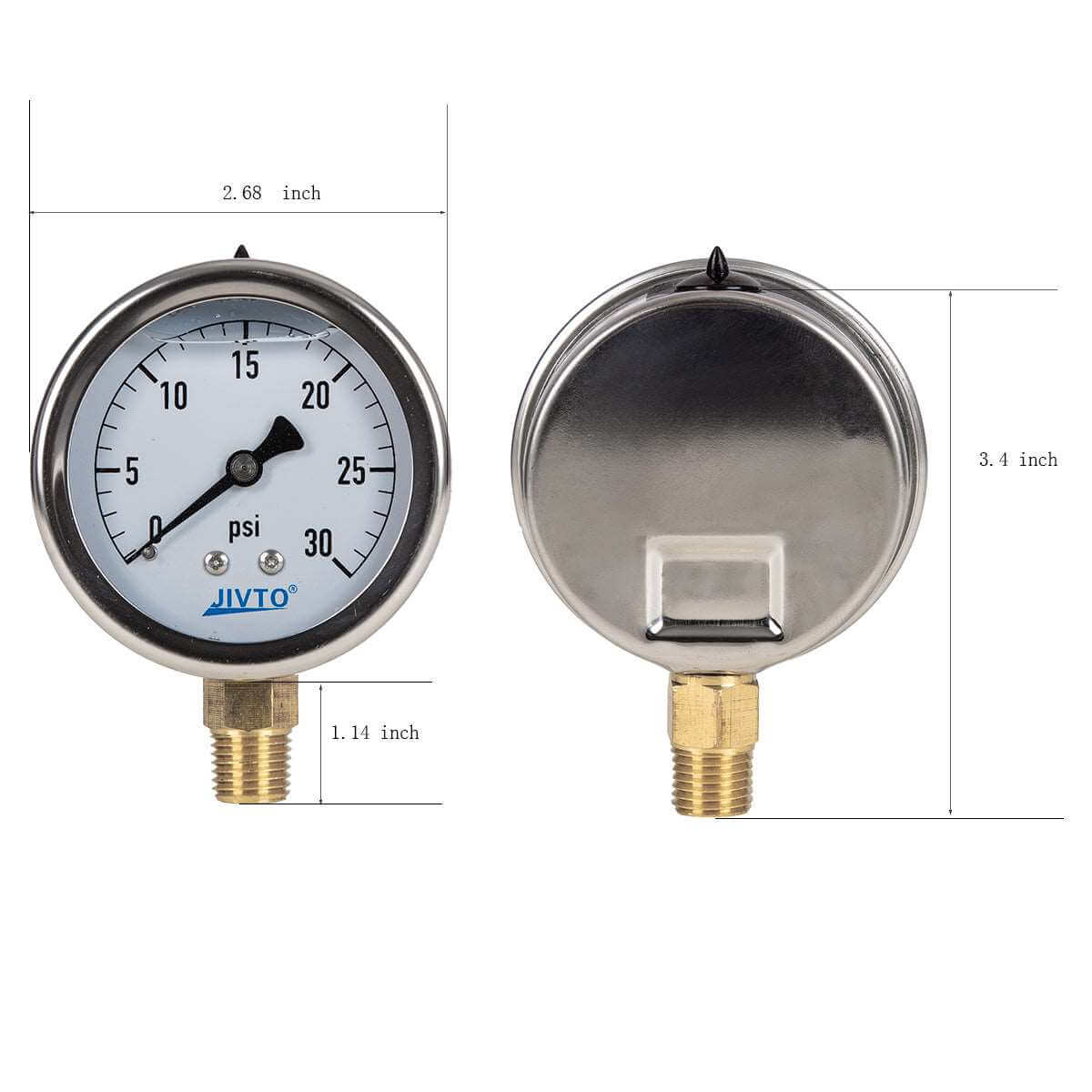 JIVTO Pressure Gauge, Liquid Filled, 2-1/2" Dia, PSI , 1/4" NPT Lower Mount - JIVTO