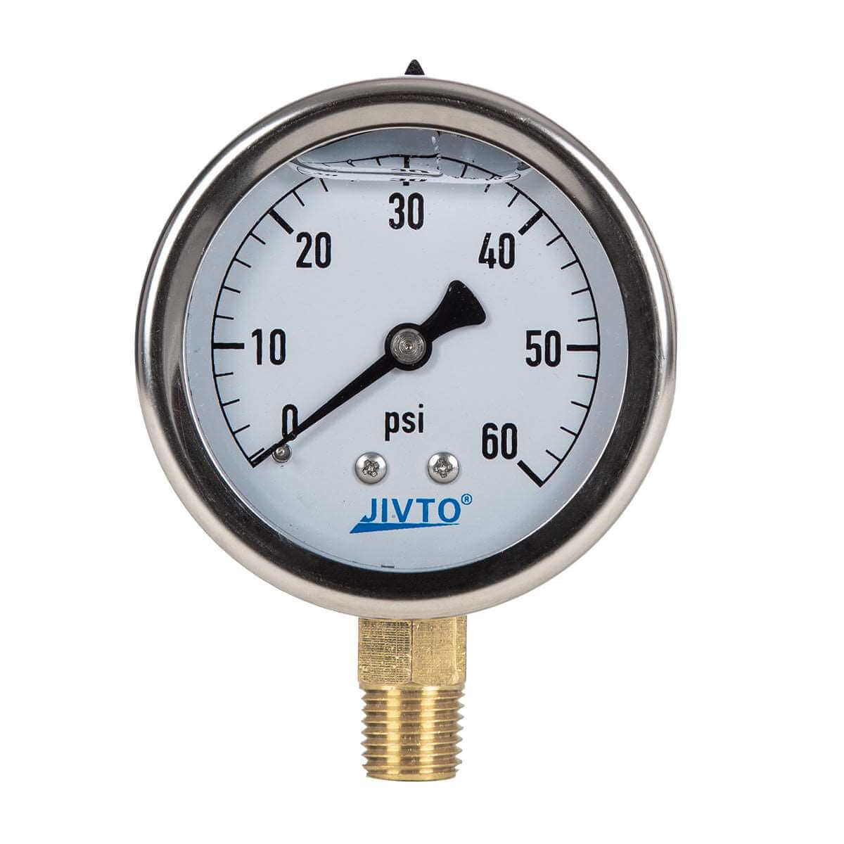 JIVTO Pressure Gauge, Liquid Filled, 2-1/2" Dia, PSI , 1/4" NPT Lower Mount - JIVTO