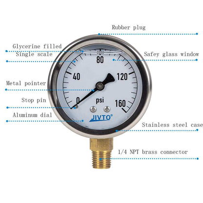 JIVTO Pressure Gauge, Liquid Filled, 2-1/2" Dia, PSI , 1/4" NPT Lower Mount - JIVTO