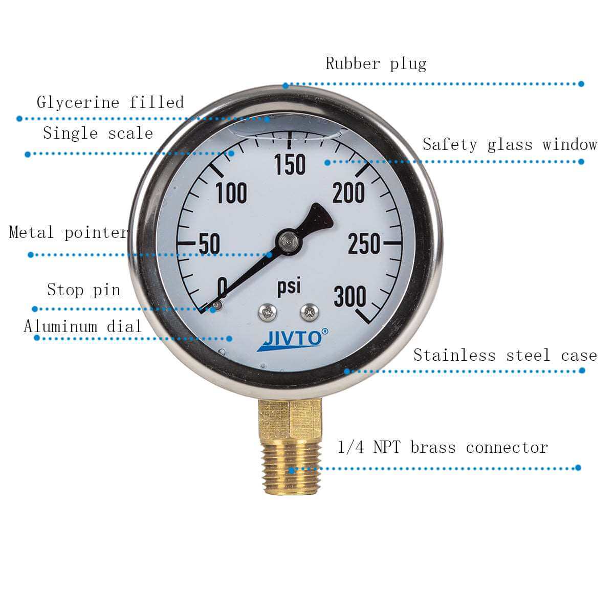 JIVTO Pressure Gauge, Liquid Filled, 2-1/2" Dia, PSI , 1/4" NPT Lower Mount - JIVTO