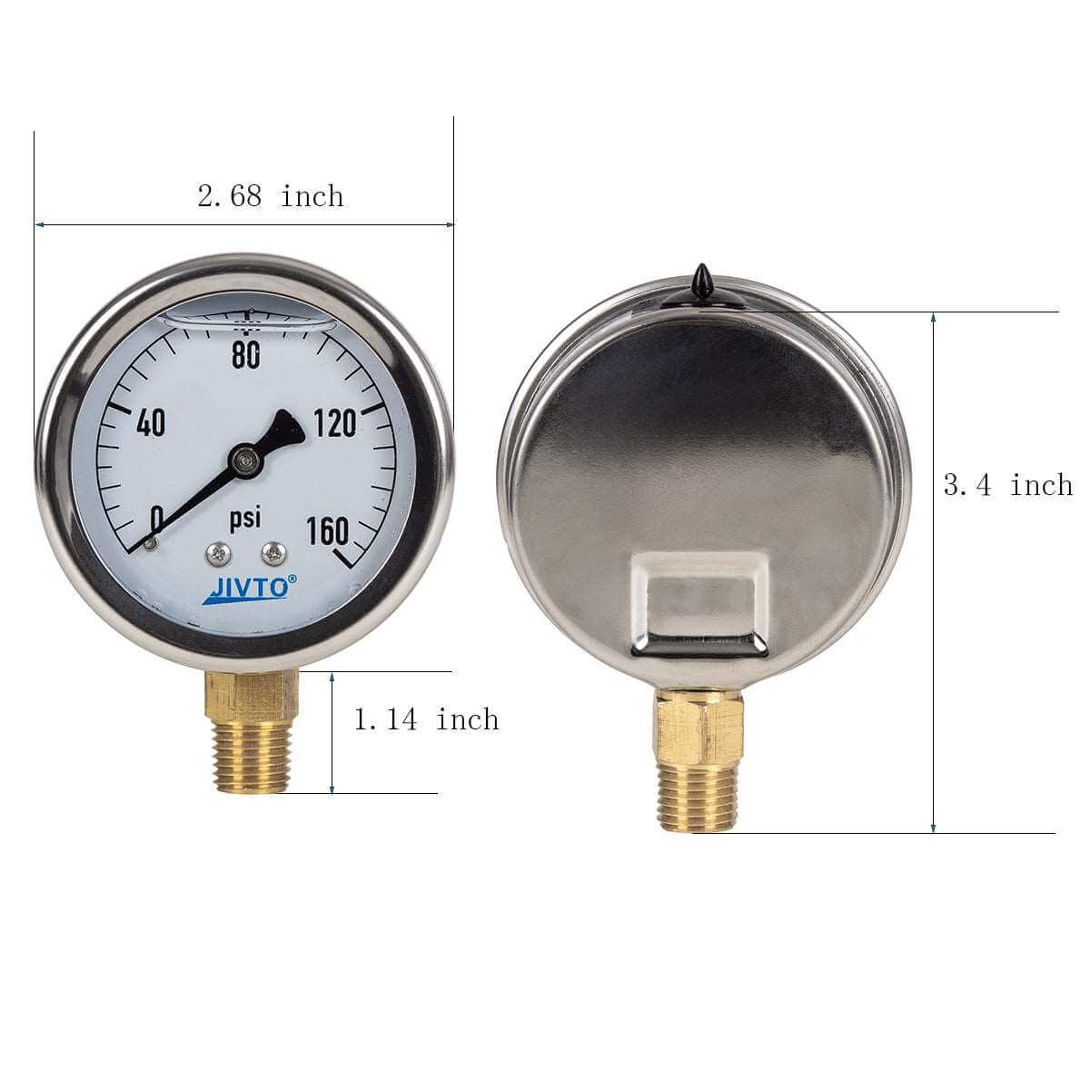 JIVTO Pressure Gauge, Liquid Filled, 2-1/2" Dia, PSI , 1/4" NPT Lower Mount - JIVTO